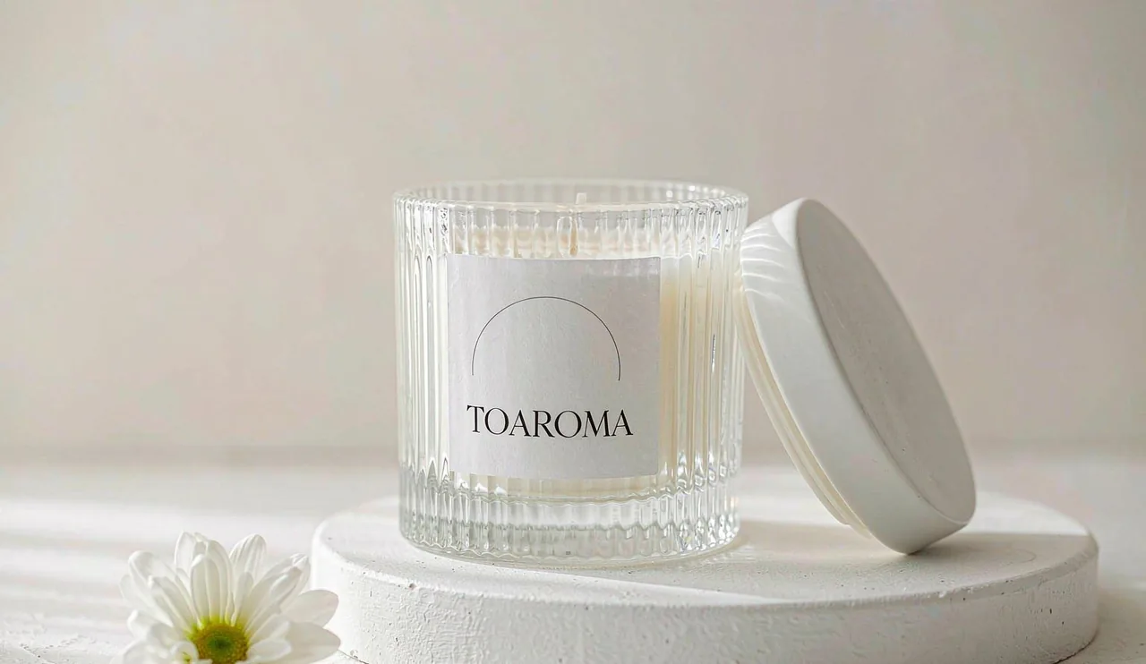 Private label scented candle in an amber glass vessel