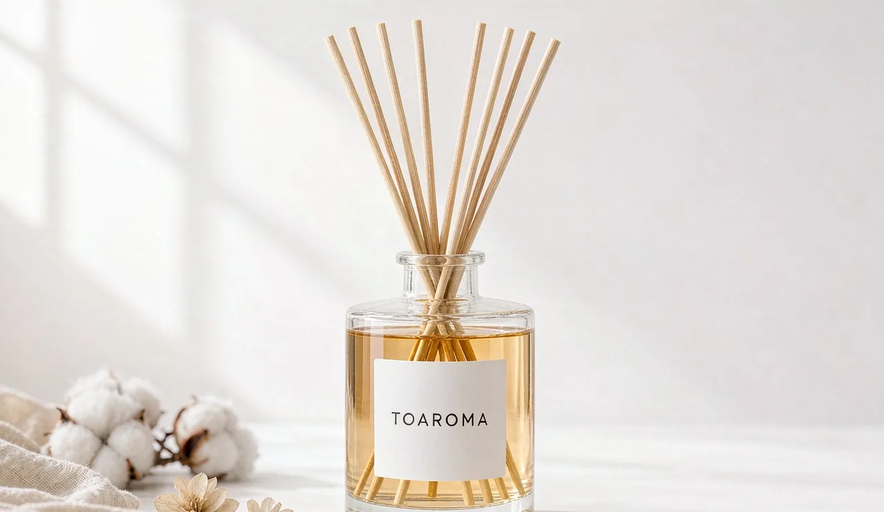 Private label reed diffuser with amber base in a clear glass vessel